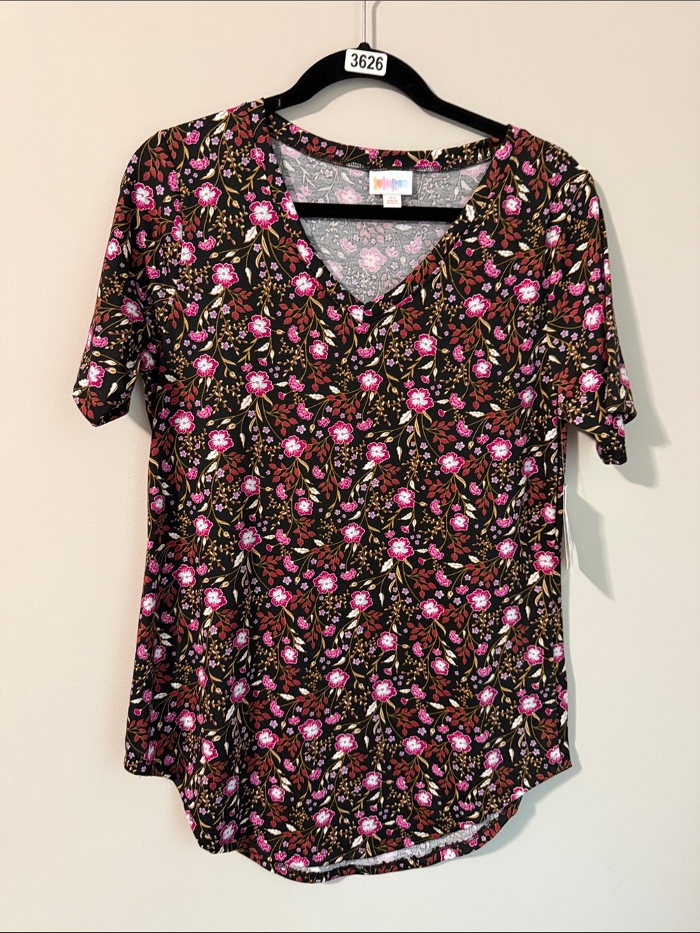 LuLaRoe Black V-Neck Short Sleeve Top with Pink Floral Print